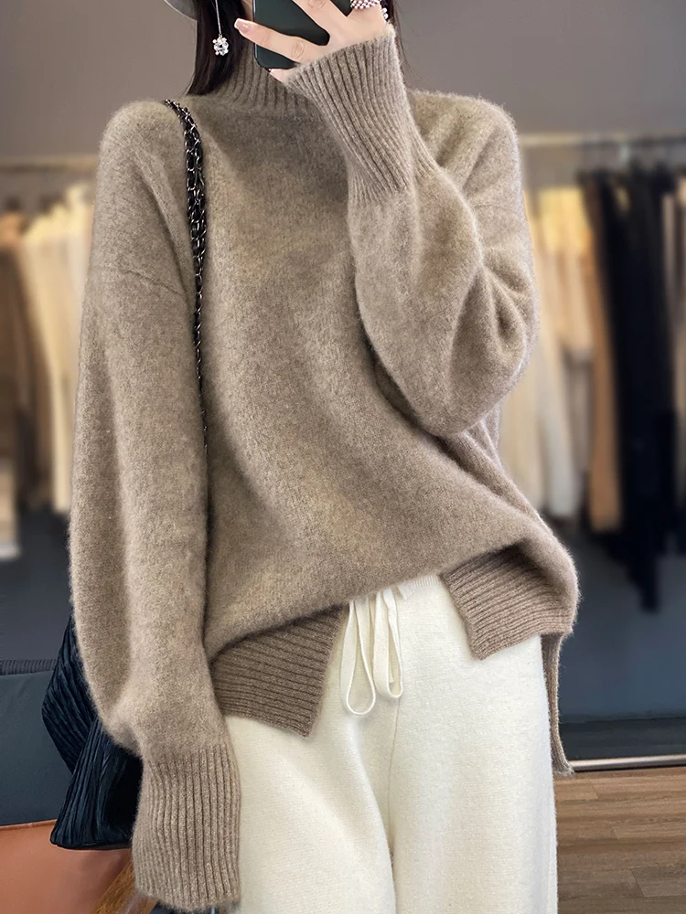Autumn Winter Women Mock Neck Pullover 100% Merino Wool Sweater Long Sleeve Loose Shoulder Casual Cashmere Knitwear Tops