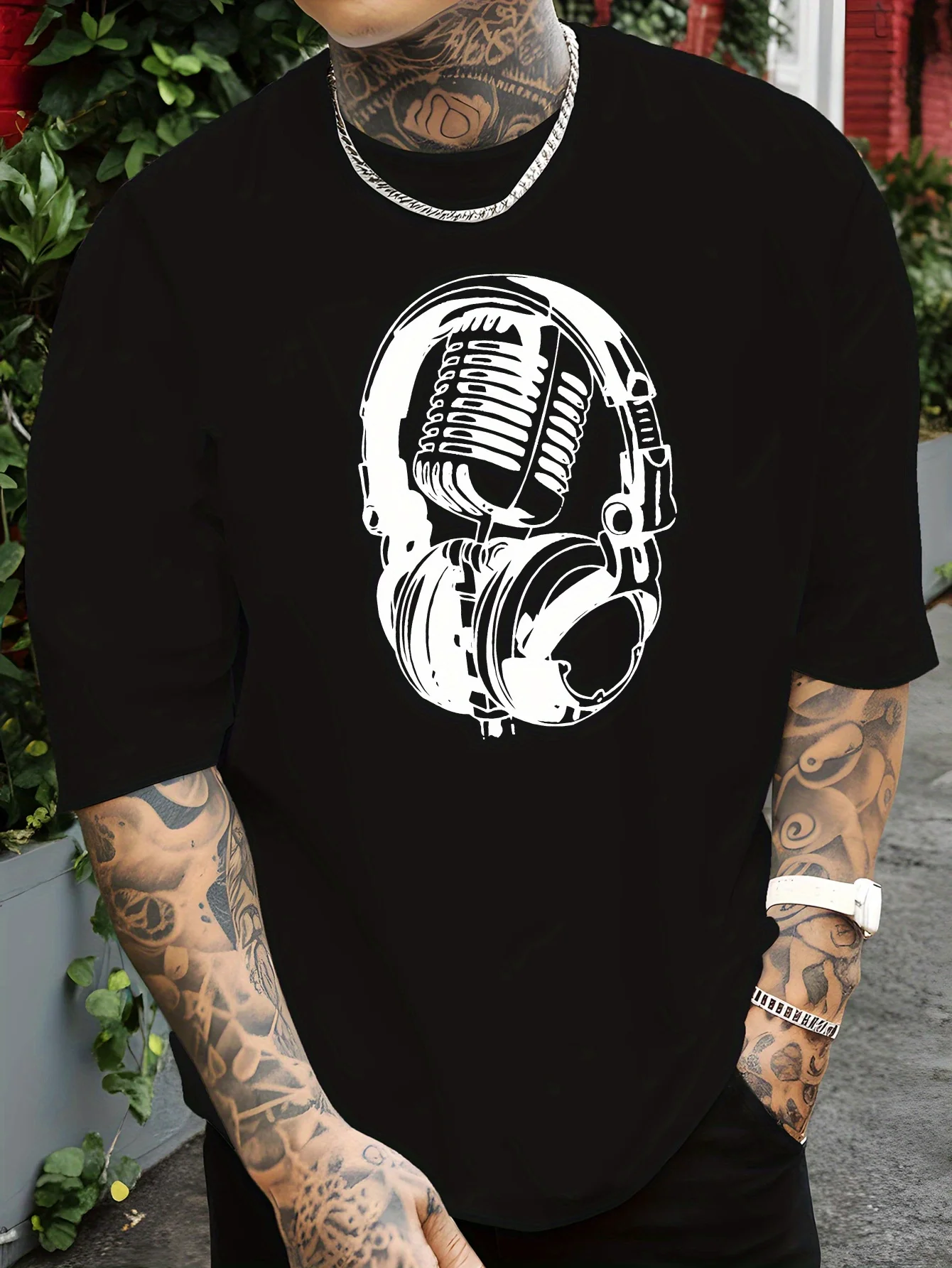 Retro Microphone Headphone Print Mens T Shirt Vintage DJ Music Short Sleeve Crew Neck Cotton Tee Artist Casual Daily Top