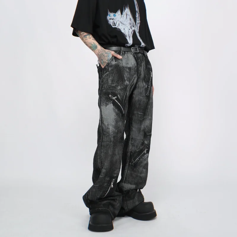 OIMG High street washed zipper retro jeans men's autumn new style micro brushed paint tie dye pants