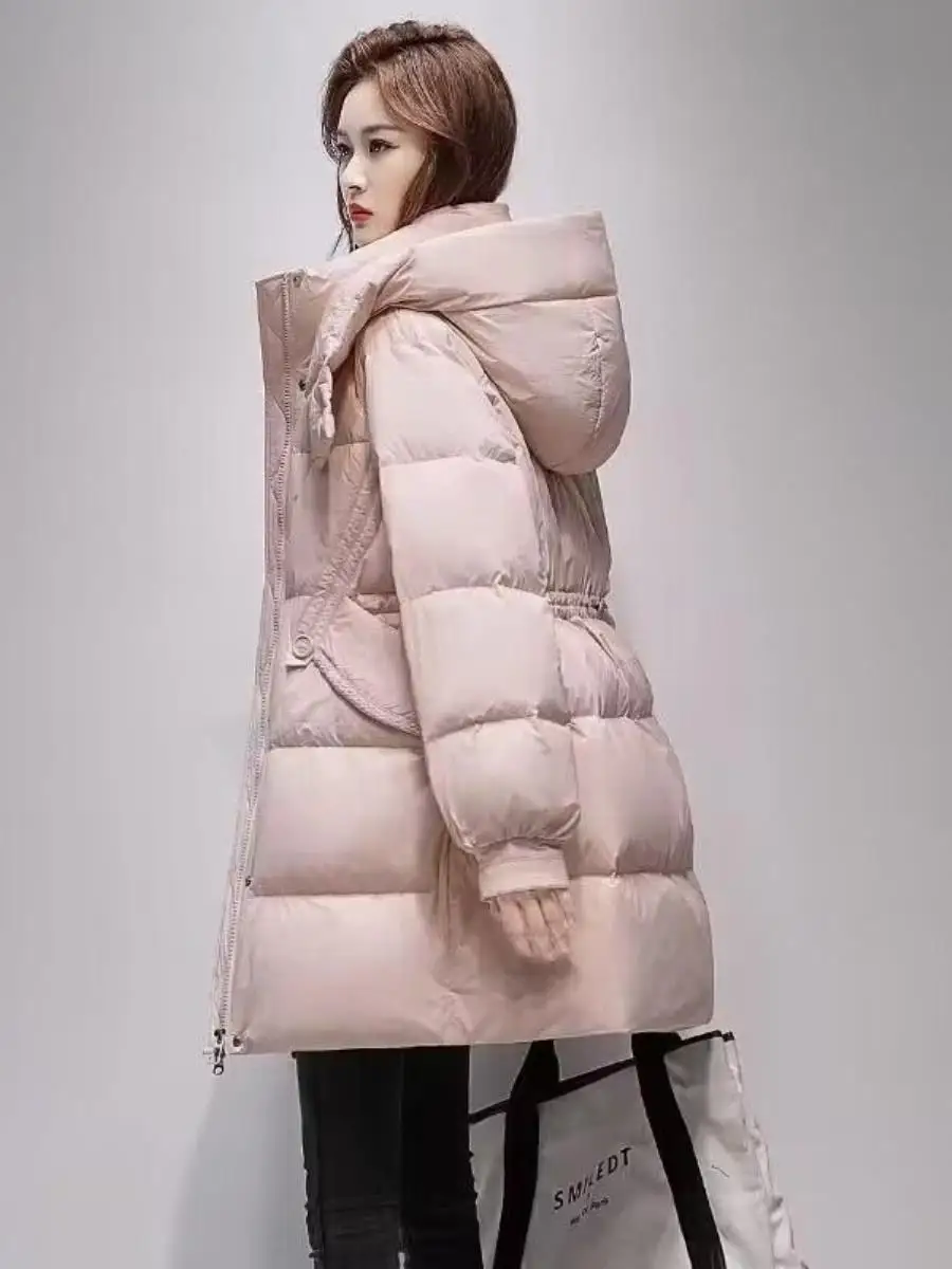 Women's Mid-Length down Jaet Du Feather Thiened Warm Coat Loose Fit Waist-Cinching Hooded Winter Outerwear