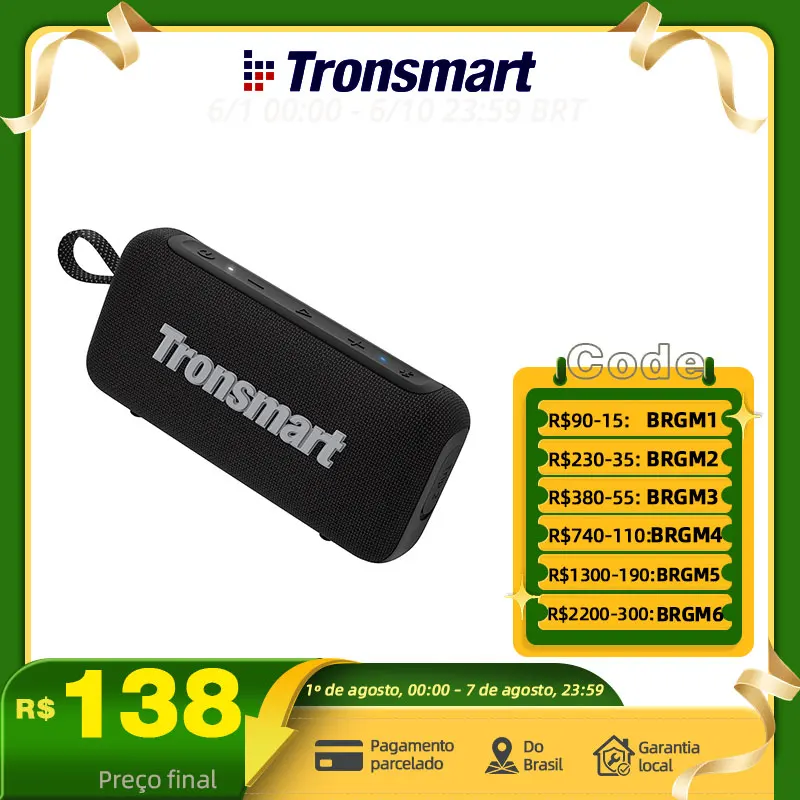 Tronsmart caixa de som Trip 2 Bluetoth Alto-falante portátil sem fio com graves aprimorados, IPX7 à prova d'água, 20 horas de reprodução, para camping