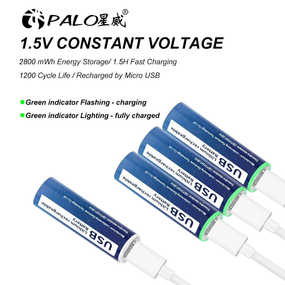 PALO 100% Capacity 1.5V AA Li-Ion AA Rechargeable Battery USB AA Rechargeable Lithium ion Batteries AA Cell For Keyboard Mouse