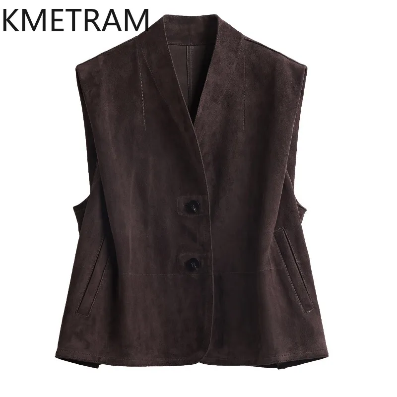 KMETRAM Quality Crossbreed Sheep Suede Leather Vest Sleeveless Genuine Leather Jackets of Woman Gilet V-neck Waistcoat Crop 자켓