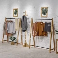 Clothing store retro women's clothing hanger high-end shelf solid wood floor display rack