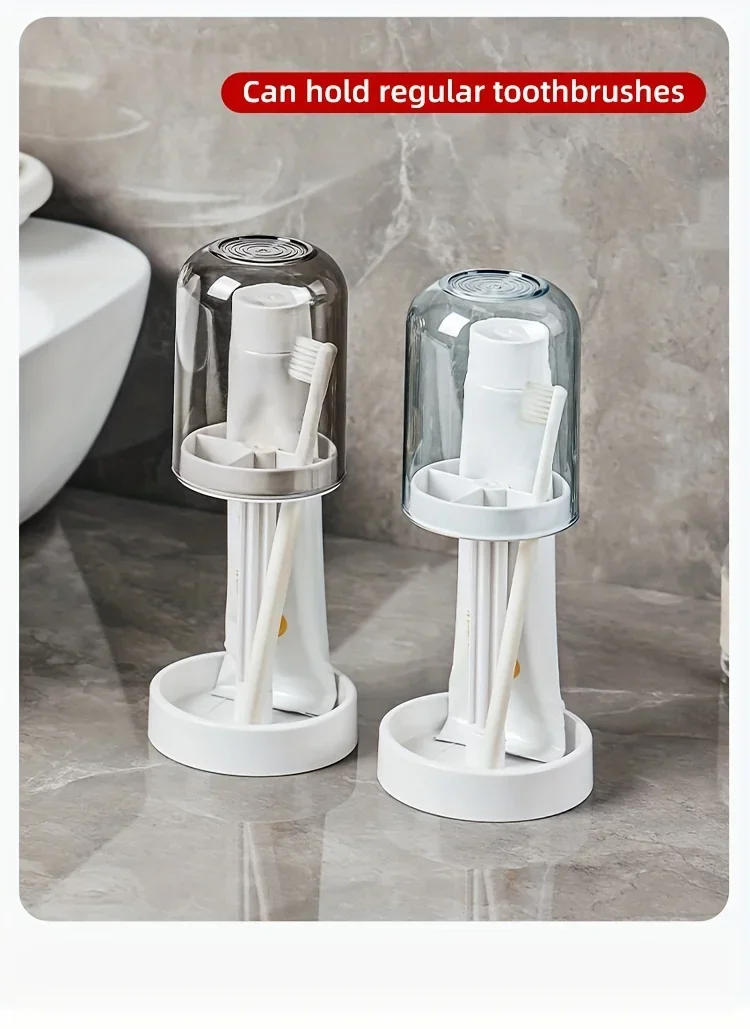 Toothbrush Holder with Dust Cover, Drainage Design, Plastic Multifunctional Bathroom Toothbrush and Cup Organizer