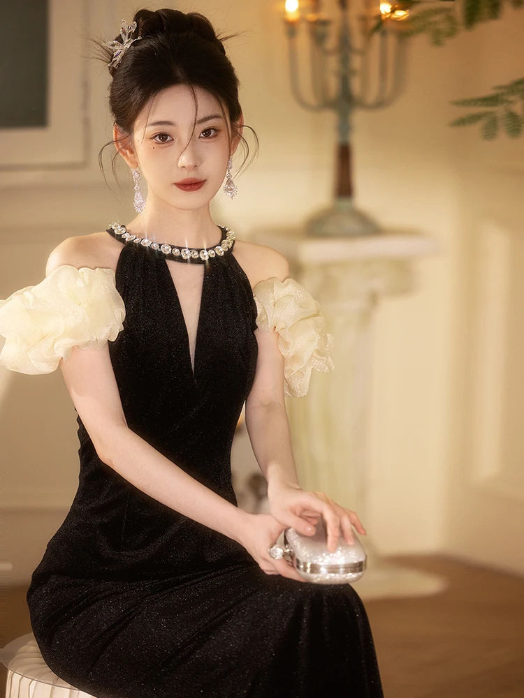 

Ele Bla Evening Gown Women's Ball High-End Feel Fi Tail Dr Host Luxury Hanging Ne Long Skirt Korean Sle