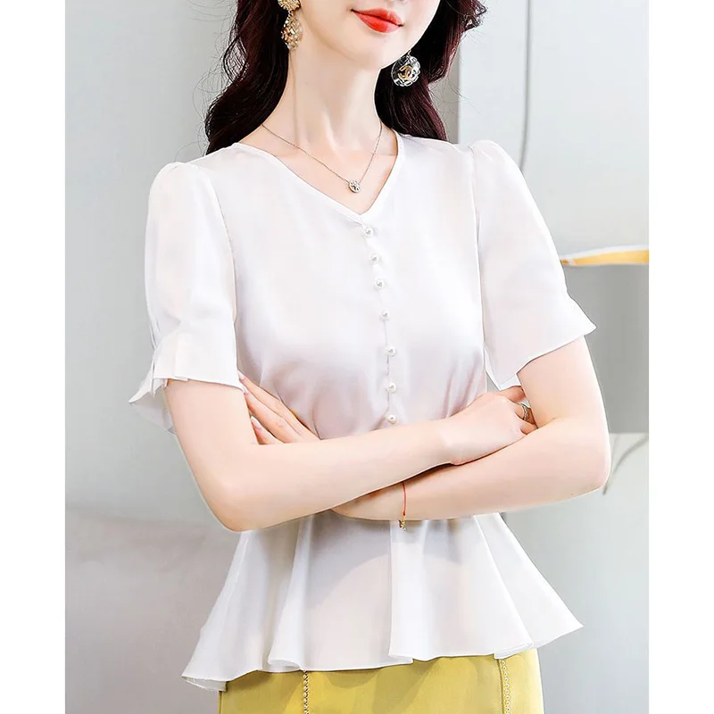 Elegant V-Neck Solid Color Folds Chiffon Blouse Women\'s Clothing 2023 Summer New Casual Pullovers Tops Loose Office Lady Shirt