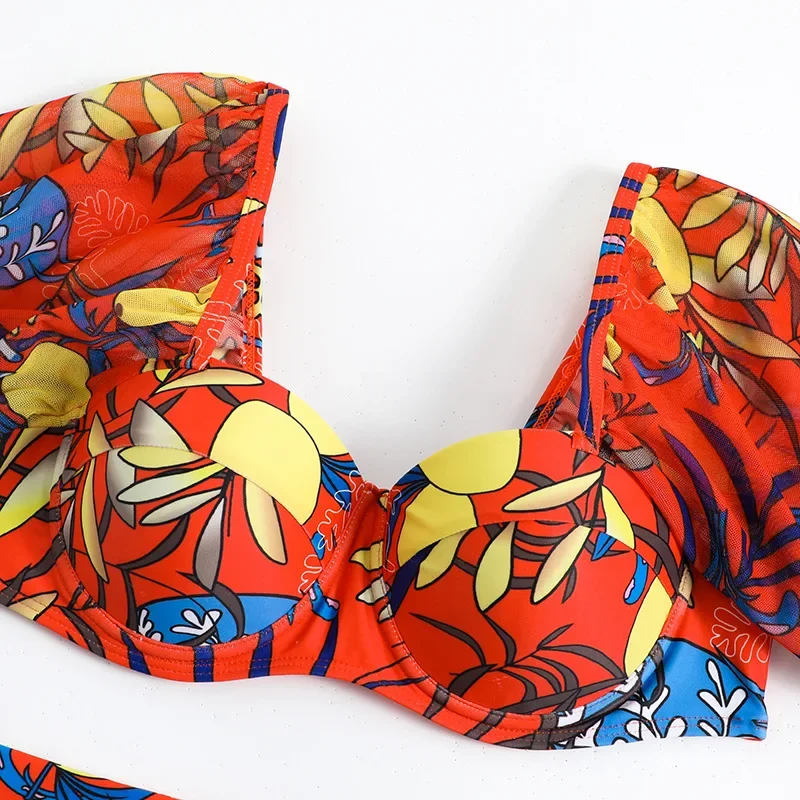 Maillot de bain femmes 2023 Sexy imprimé fleuri Bikini support en acier Push Up manches courtes 2 pièces col carré maillots de bain plage maillot de bain