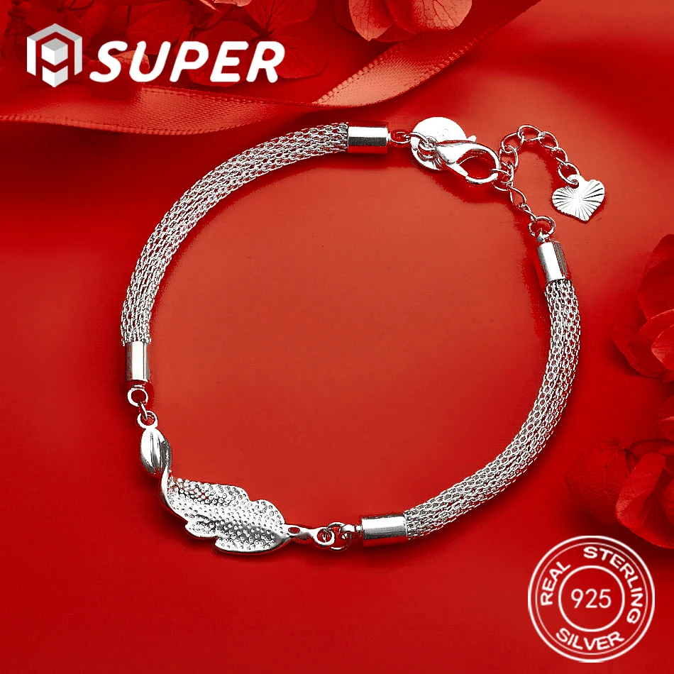 

ALISuper 925 Sterling Silver 8-inch Delicate Feather Bracelet - Women's Fashion, Engagement Gift, Accessory