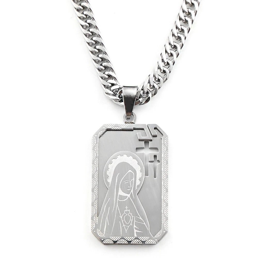 Virgin Mary Spanish Lord's Bible Verse Medal Necklace for Men Women Stainless Steel Silver Color Necklaces Jewelry N7438S05