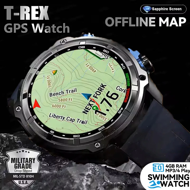 

2025 New T-Rex Tactical Smartwatch Built-in GPS Offline Map 4GB Memory 5ATM IP69K Swimming Waterproof Men Militray Smart Bracele