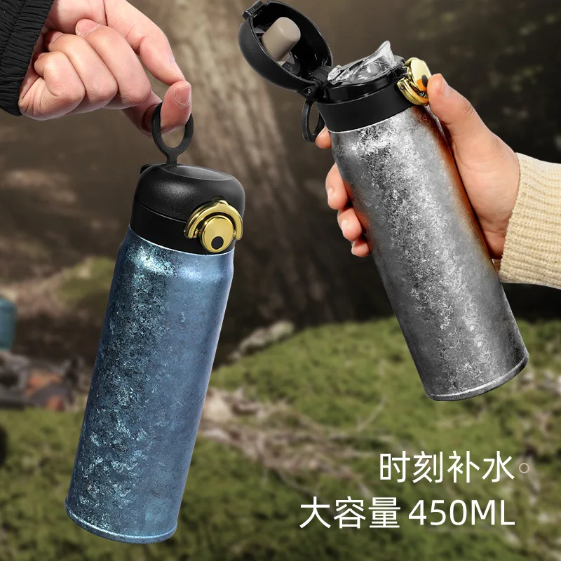 450ml thermos cup with bounce cap, double layer pure titanium vacuum flask, large ice crystal, portable car sports water bottle