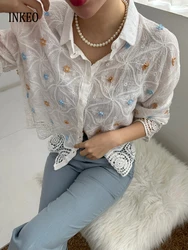 Women Embroidery blouse Lace patchwork shirt 2024 New Fashion Long sleeve Irregular tops Loose Streetwear Lady INKEO 4T110