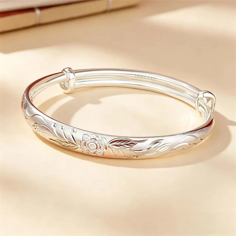 Retro Floral Peony 999 Sterling Silver Bangle Adjustable Size Women Bracelet High Polish Matte Silver Jewelry For Gift