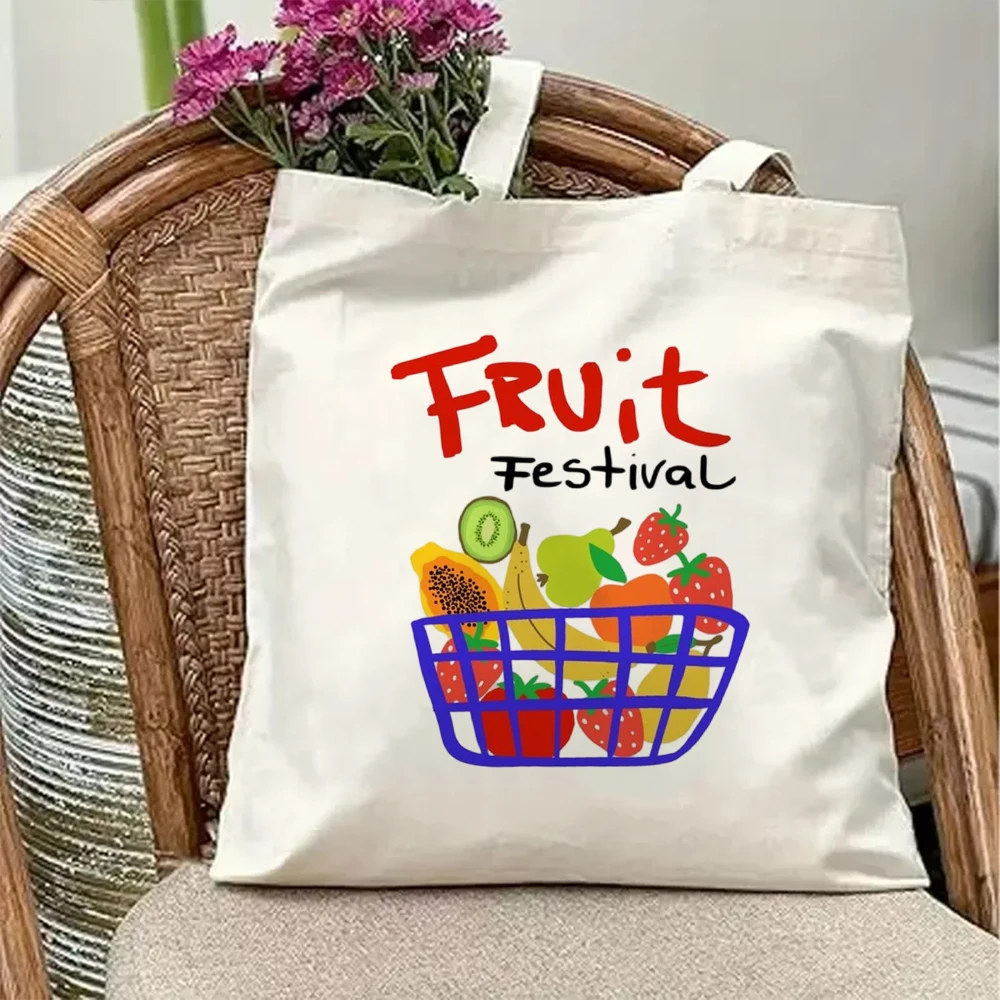

Aesthetic Fruit Festival Canvas Tote Bag Cute Colorful Fruit Print Reusable Grocery Shoulder Handbag School Bookbag Gift