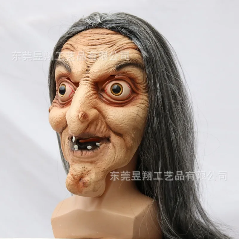 2025 ホラー ハロウィン ロングヘア魔女マスク - 老婦人ヘッドピース お化け屋敷 エスケープルーム、不気味なシーンコスチューム小道具