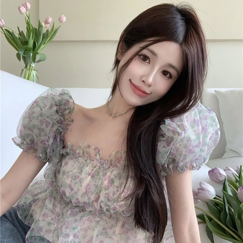 Women\'s Off Shoulder Blouse Ruffle Hem Sexy Bodycon Flower Print Sweet Summer Outfit Elegant Spring Summer Chiffon Shirt Top