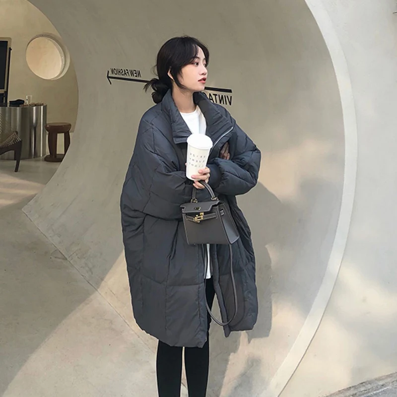 

Зимние свободные универсальные длинные хлопковые парки для женщин 2025, простое однотонное пышное пальто на молнии, корейская уличная утепленная теплая куртка для женщин