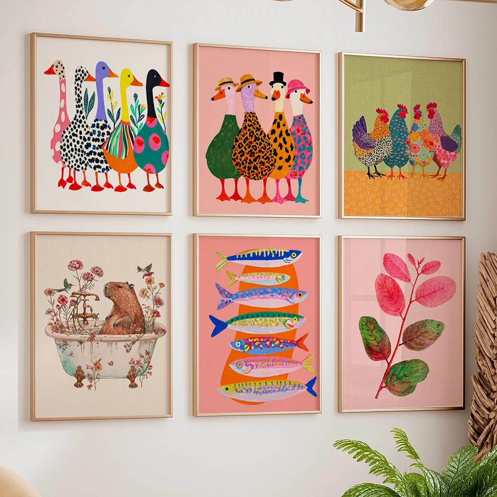 Moderne Abstrakte Farbenfrohe Tier-Illustration Leinwand-Poster Nordische Kinderzimmer-Wandkunst Ente Huhn Fisch Botanischer Druck Niedliche Heimdekoration