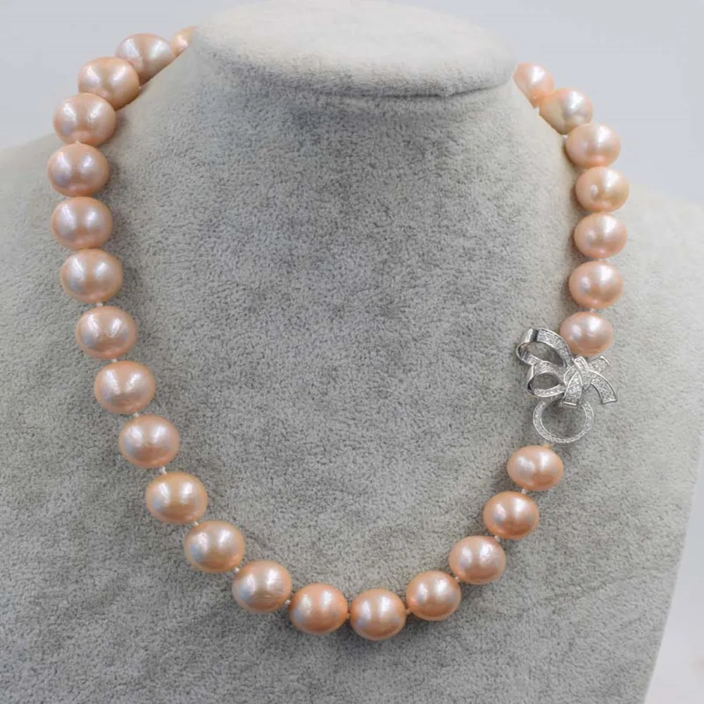 Hand knotted necklace freshwater pearl pink pearl nearly round 11-12mm necklace micro inlaid zircon accessory 18inch