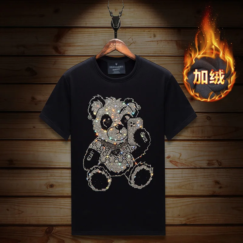 

Plus Size Cartoon Bear Diamonds T Shirts Men Winter Clothes Thick Velvet Short Sleeve Streetwear O Neck Casual Tops Ropa Hombre