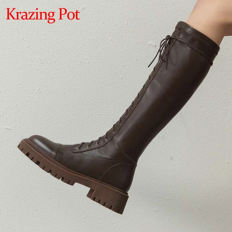 Krazing Pot Genuine Leather Round Toe High Heel Riding Boots Cross-tied Vintage Gladiator Lady Casual Platform Knee-high Boots