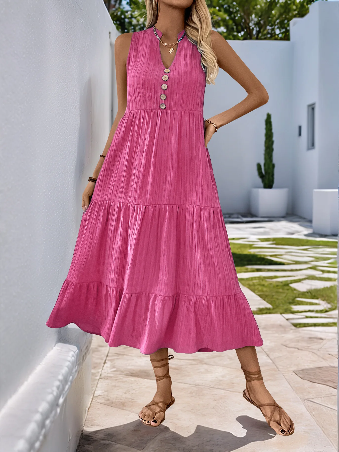 Fanan Lässiges Sommer-Midikleid für Damen Ärmelloses Tanktop V-Ausschnitt Knöpfe Rüschen Lockeres Kleid Strand Einfarbiges Sommerkleid Damenkleid