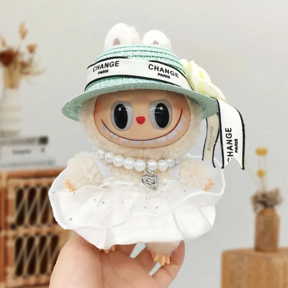 

V1 V2 17cm Mini Doll'S Clothes Outfit Accessories Labubu Clothes Straw Hat Skirt Set Dress Hat Set Vinyl doll clothing
