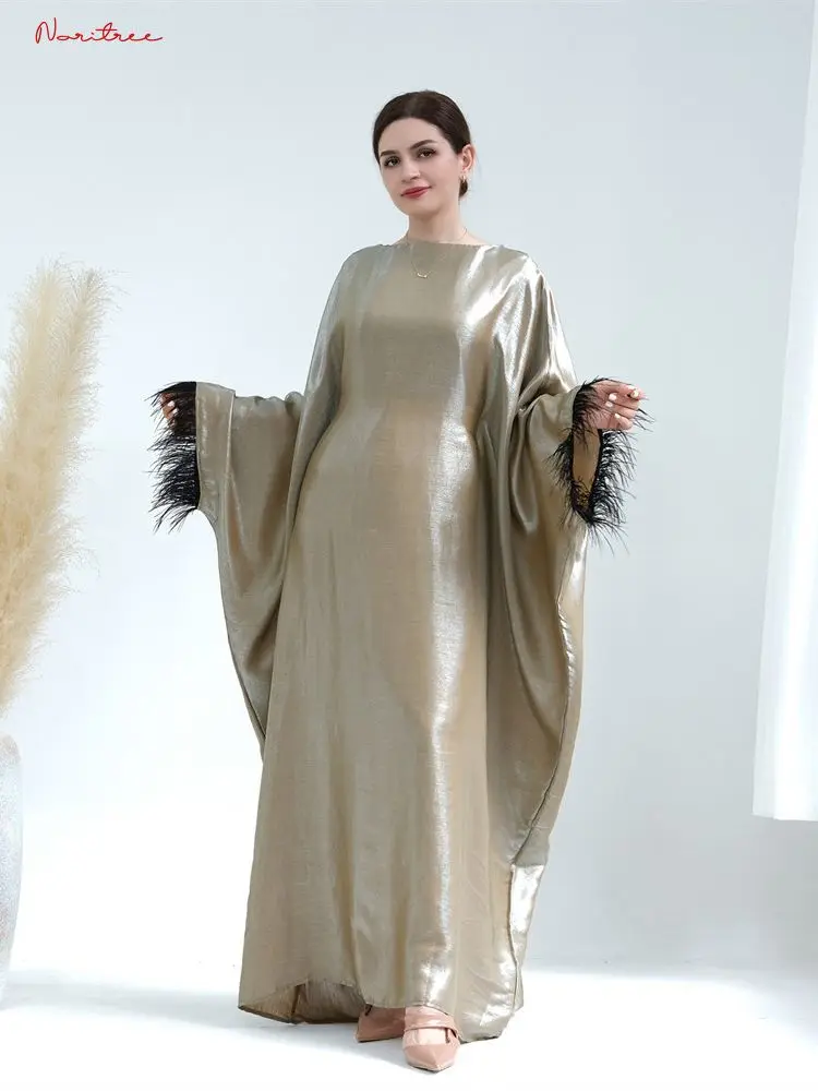 Fashion Shiny Oversized Abaya Djellaba Muslim Dress Dubai Full Length Feather Tassels Abaya Dubai Scarf Muslim Islam Robe WY1709