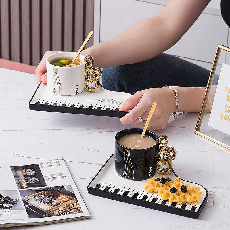 Creative Black/White Piano Music Melody Pattern Ceramic Mug Gift Home Tableware Afternoon Tea 200ML Hot Coffee Cup Dessert Tray