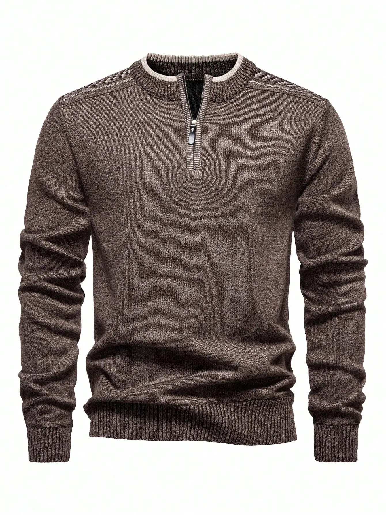

Men's Brown Quarter-Zip Knit Sweater with Textured Shoulder Detail