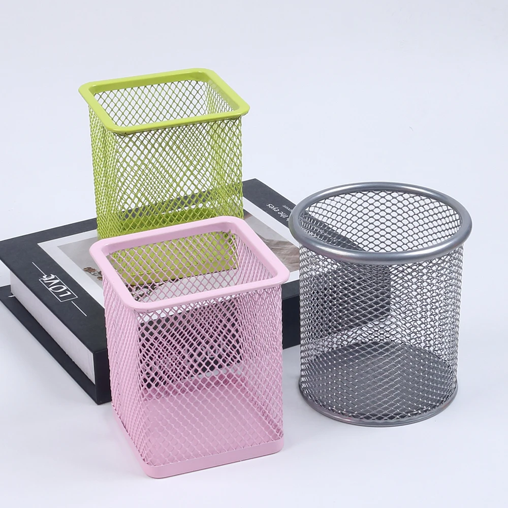 Round Square Pen Holder Desk Metal Mesh Pen Pot Case Pen Con