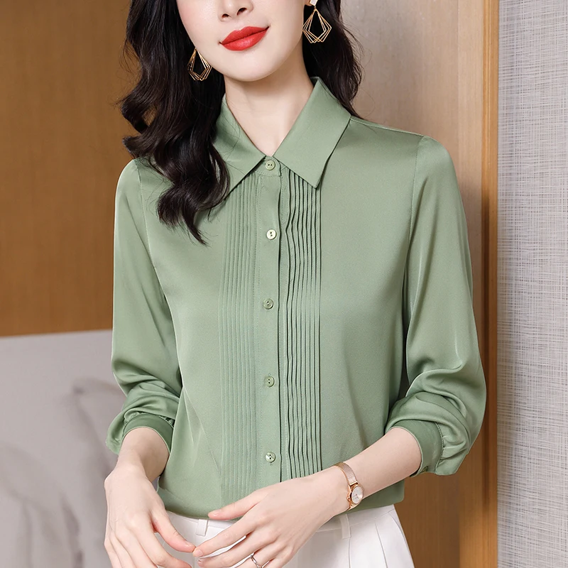 

Elegant Fashion Woman Blouses 2024 Spring Summer Real Silk Shirts For Women Blouse Turn-down Collar Long Sleeve Women Shirt Tops