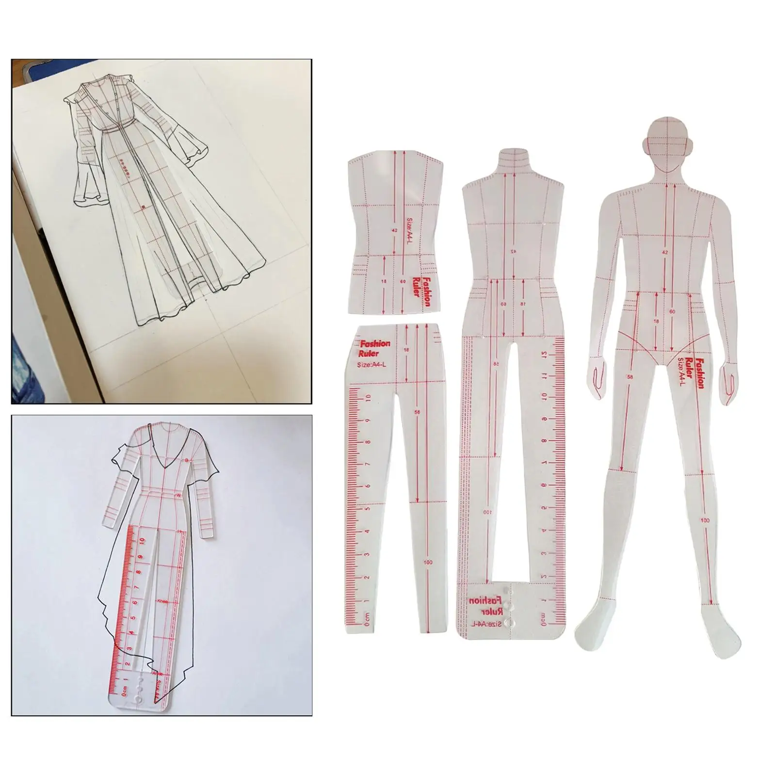 服のための測定テンプレート定規、パターンメーカー、仕立て屋デザイナースーツとドレスのファッションイラスト