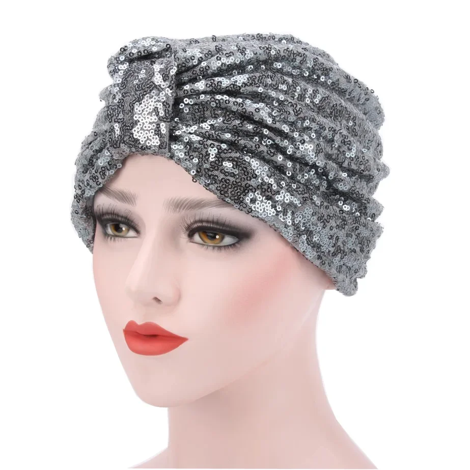 Muslim Sequin Turban Hat Women Hijabs Bandanas Shimmer Indian Bonnet Chemo Caps African Head Wraps Beanies Hair Loss Headscarf