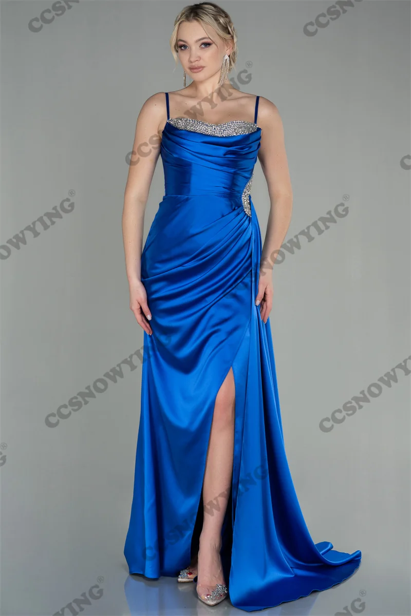 Vestido De graduación De sirena con cuentas De satén para mujer, vestido De fiesta De noche Formal con tirantes finos, vestido De fiesta con abertura lateral, caftán