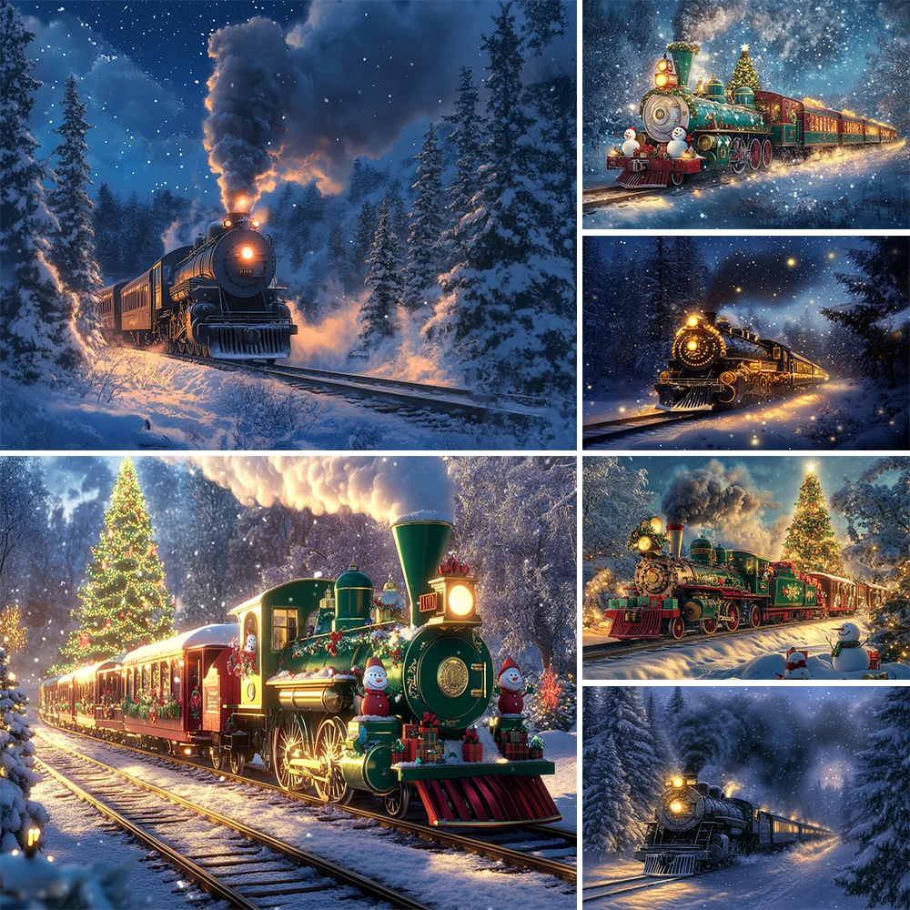 

Christmas Colorful Train Background Photography New Year's Eve Snowman Xmas Tree Gift Backdrop Booth Kids Winter Birthday Photo