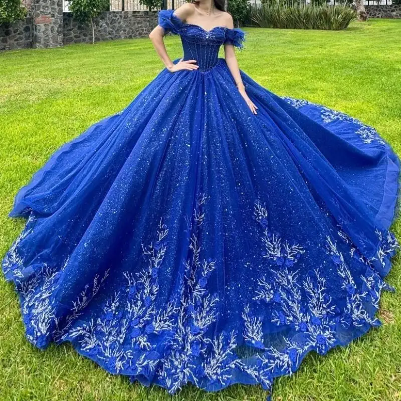 

Sparkly Royal Blue Quinceanera Dress Ball Gown Off The Shoulder Lace Applique Beaded Tull Corset Mexican Sweet 16 Vestidos De 15