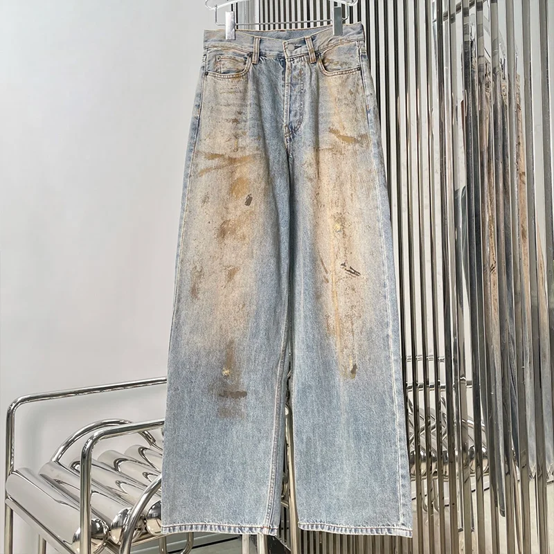 

High-quality women's leather pouch, ink-drawn jeans with graffiti design, stylish wide-leg style pants 25101010