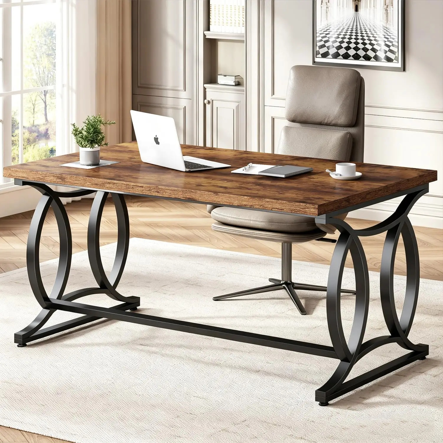 Rustic Home Office Desk 55 Inch Metal Wood Computer Table Industrial Study Work Gaming PC Bedroom, Customized