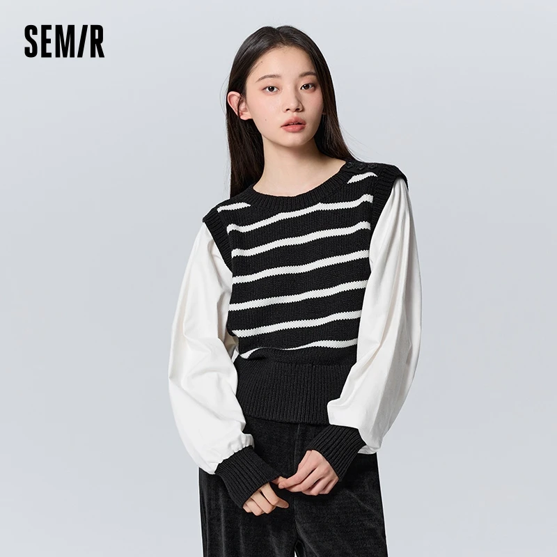 Semir Sweater Women Short Slim Fit Commuting Temperament Winter Elegant Splicing Striped Sweater