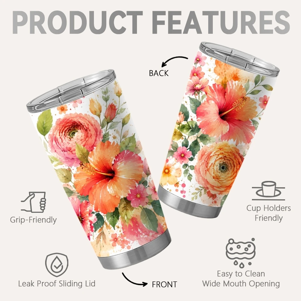 Boho Flower Vacuum Flasks 20oz Insulated Stainless Steel Tumbler Travel Mug with Sliding Lid Coffee Cup for Office Use