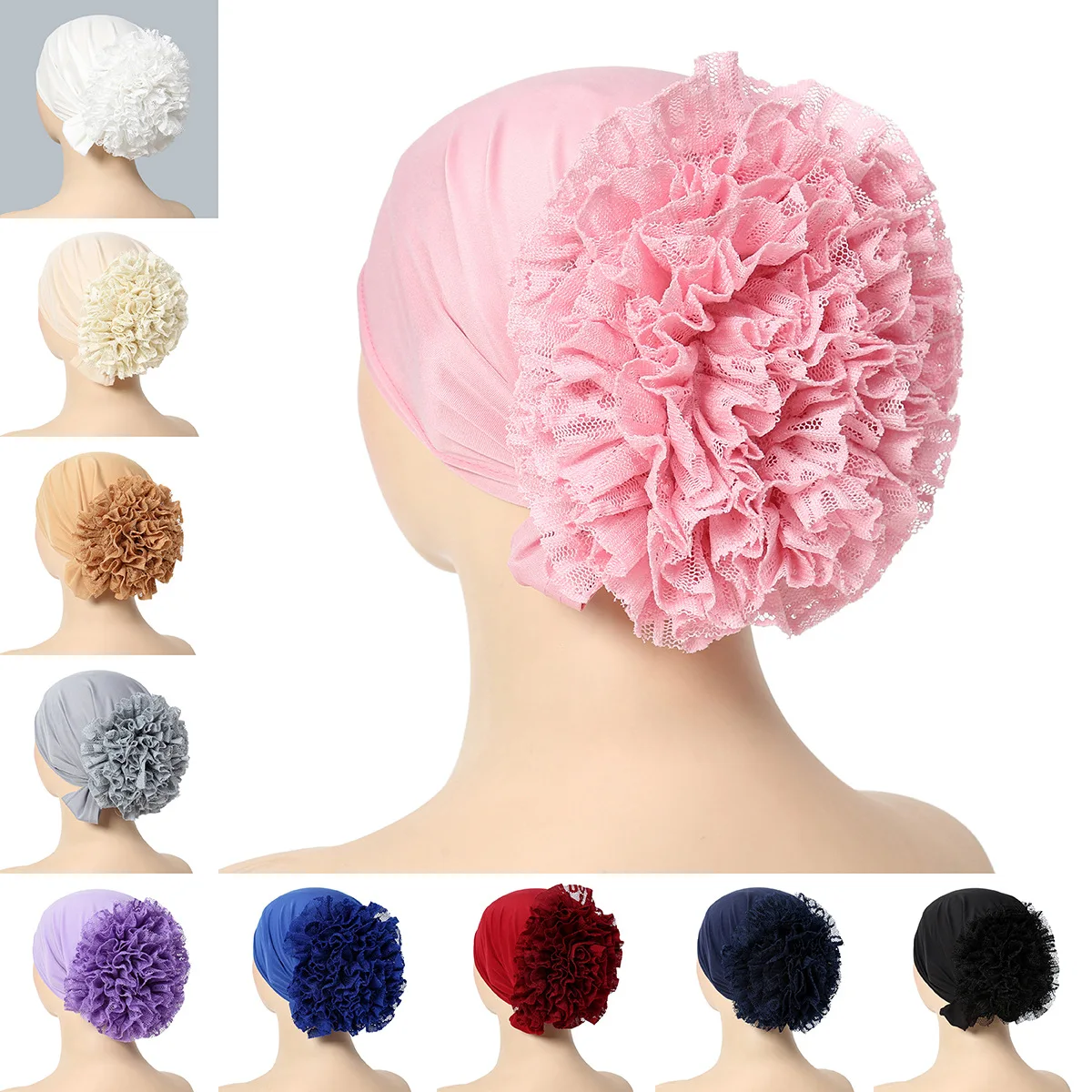 Fashionable Women\'s Solid Color Hijab Muslim Ladies Turban Bonnet Lace Flower Decor Ramadan Head Wrap Head Scarf Cap