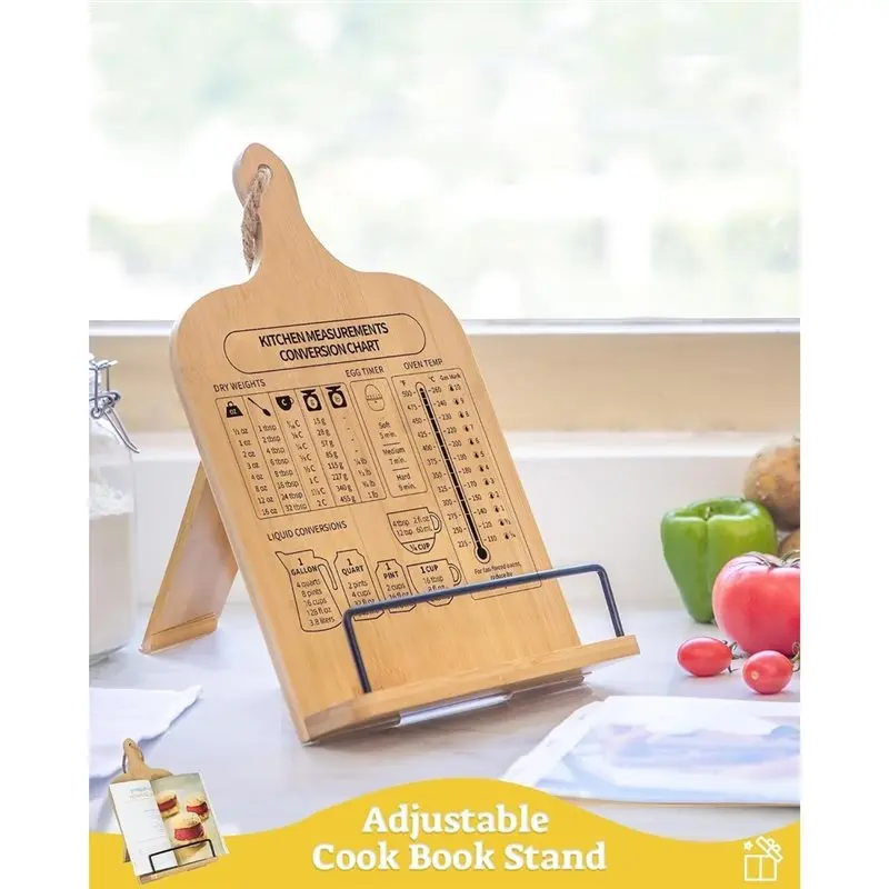 AB42-Bamboo Cookbook Stand, Sturdy Recipe Book Holder Cookbook Holder With Measurement Conversion Chart,Cookbook Stand, 1PC