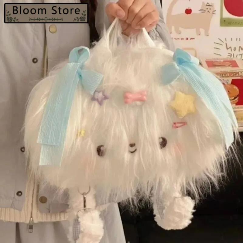 

Bloom Sweet Cute Plush Lolita Handbag Women Bow Star Large Capacity Backpack Ladies Kawaii Long Hair Puppy Mochilas Mujer 2025