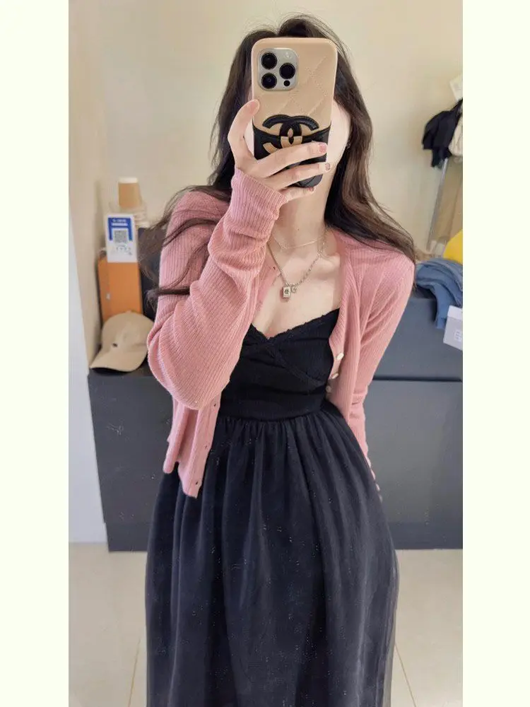 

Women's Summer Suit 2023 New Korean Tea Break Style Pink Cardigan Waist Halter Dress Two-piece Set