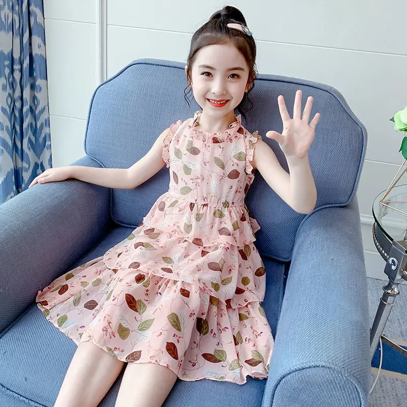 2023 Summer teens Girls Dress Clothes New off shoulder Children floral Pleated lace Kids Wedding mesh leaf 8 9 10 11 12 Years