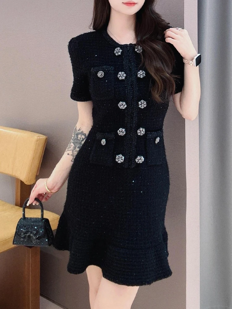 Evening Gown for Women Elegant Party Black Sequin Knit Dress, Waffle Double Row Diamond Button Short Sleeved Skirt, Socialite