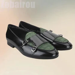 Green Alligator Print Buckle Decor Double Monk Loafers Fashion Slip On Men Shoes Luxury Handmade Party Office Men Casual Shoes