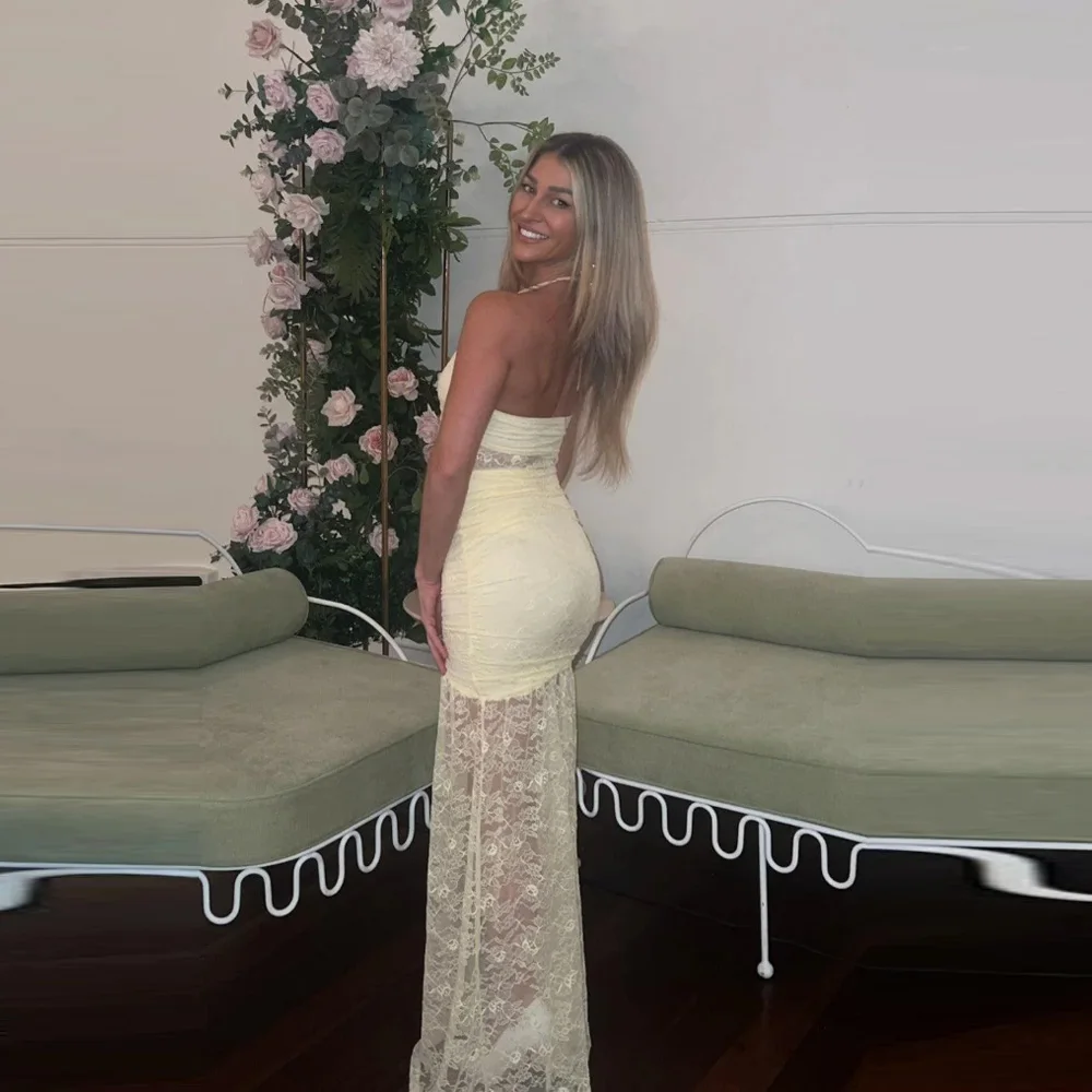

Custom Made Yellow Lace Maxi Dress, Sheer Mesh Ruched Bodycon Evening Gown, Halter Formal Party Dress for Women